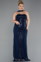 Abendkleid in Übergröße Lang Perlenbesetzt Marineblau ABU5495