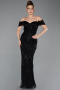 Abendkleid Lang Perlenbesetzt Schwarz ABU5557