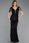 Abendkleid Lang Perlenbesetzt Schwarz ABU5637