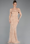 Beige Abendkleid Perlenbesetzt Lang ABU5492