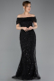 Abendkleid Lang Perlenbesetzt Schwarz ABU5694
