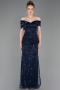 Marineblau Abendkleid Perlenbesetzt Lang ABU5400