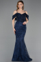 Abendkleid im Meerjungfrau-Stil Lang Spitze Marineblau ABU5822