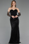 Abendkleid Lang Perlenbesetzt Schwarz ABU5766