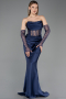 Abendkleid im Meerjungfrau-Stil Lang Satin Marineblau ABU5888
