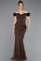 Braun Abendkleid Perlenbesetzt Lang ABU5616