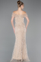 Beige Abendkleid Perlenbesetzt Lang ABU5694