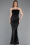Schwarz Abendkleid İm Meerjungfrau-Stil Satin Lang ABU5820