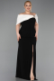 Schwarz-Creme Abendkleid İn Übergröße Lang ABU3945