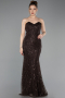 Abendkleid Lang Perlenbesetzt Braun ABU6073