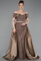 Hellbraun Abendkleid Perlenbesetzt Lang ABU5400