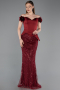 Weinrot Abendkleid Perlenbesetzt Lang ABU5616