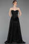 Standesamtkleid Lang Perlenbesetzt Schwarz ABU6125