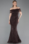 Braun Abendkleid Perlenbesetzt Lang ABU5694