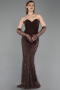 Abendkleid Lang Perlenbesetzt Braun ABU6232