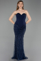 Abendkleid Lang Perlenbesetzt Marineblau ABU6232
