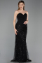 Abendkleid Lang Perlenbesetzt Schwarz ABU6232