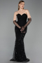 Abendkleid Lang Perlenbesetzt Schwarz ABU6232