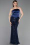 Abendkleid Lang Perlenbesetzt Marineblau ABU6234