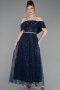 Partykleid Midi Perlenbesetzt Marineblau ABK2639