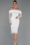 Abendkleid Midi Perlenbesetzt Weiß ABK2663
