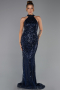 Standesamtkleid Lang Perlenbesetzt Marineblau ABU6348