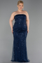 Abendkleid in Übergröße Lang Perlenbesetzt Marineblau ABU6346