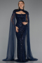 Abendkleid Lang Perlenbesetzt Marineblau ABU6544