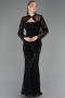 Abendkleid Lang Perlenbesetzt Schwarz ABU6567