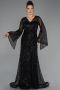 Abendkleid Lang Perlenbesetzt Schwarz ABU6652
