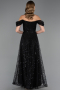 Abendkleid Lang Perlenbesetzt Schwarz ABU6659