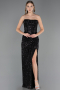 Abendkleid Lang Perlenbesetzt Schwarz ABU6679