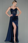 Marineblau Abendkleid Satin Lang ABU2130