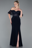 Abendkleid im Meerjungfrau-Stil Lang Spitze Marineblau ABU2581