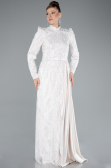 Hijab-Abendkleid Lang Perlenbesetzt Beige ABU4941