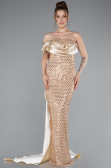 Abendkleid im Meerjungfrau-Stil Lang Perlenbesetzt Gold ABU4986