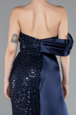 Abendkleid im Meerjungfrau-Stil Lang Perlenbesetzt Marineblau ABU4986