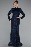 Hijab-Abendkleid Lang Perlenbesetzt Marineblau ABU4992