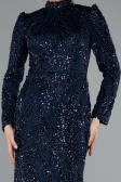 Hijab-Abendkleid Lang Perlenbesetzt Marineblau ABU4992