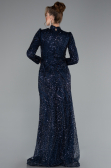 Hijab-Abendkleid Lang Perlenbesetzt Marineblau ABU4992