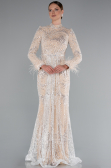 Hijab-Abendkleid Lang Perlenbesetzt Beige ABU5056