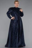 Hijab-Kleid İn Übergröße Lang Perlenbesetzt Marineblau ABU5083