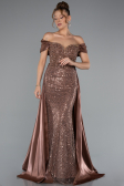 Abendkleid Lang Perlenbesetzt Braun ABU5099