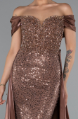 Abendkleid Lang Perlenbesetzt Braun ABU5099