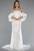 Abendkleid Lang Perlenbesetzt Weiß ABU5169