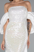 Abendkleid Lang Perlenbesetzt Weiß ABU5169