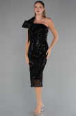 Abendkleid Midi Perlenbesetzt Schwarz ABK2424