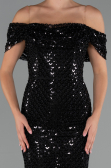Abendkleid Lang Perlenbesetzt Schwarz ABU5239