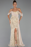 Abendkleid Lang Perlenbesetzt Beige ABU5316