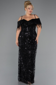 Abendkleid in Übergröße Lang Perlenbesetzt Schwarz ABU5326